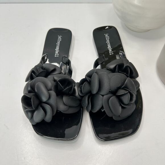Jeffrey Campbell Floralee Rosette Flower Slide Sandals Black Shiny Women's 6 - Picture 3 of 8